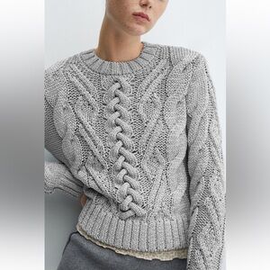 Mango Metallic Gray Cable Knit Crew Neck Sweater, Size Medium